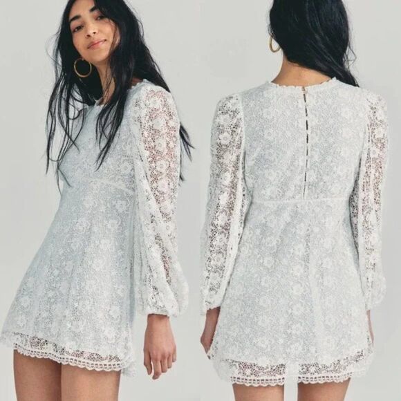 LoveShackFancy White Leira Lace Mini Dress with Long Sleeves - Picture 1 of 11